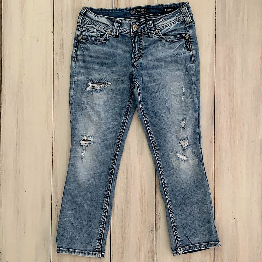 Silver Jeans Co. Suki Mid Rise Capri Distressed Denim Cropped Jeans 29 x 22.5